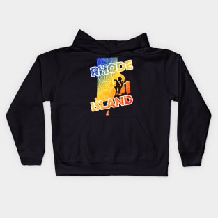 Colorful mandala art map of Rhode Island with text in blue, yellow, and red Kids Hoodie